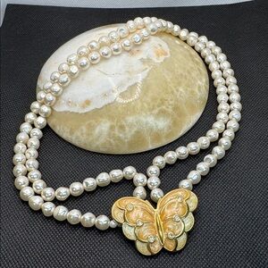 Vintage KJL for Avon faux pearl necklace with enamel crystal butterfly pendant.